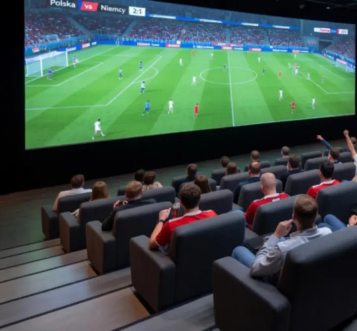 Wnętrze Zynko Hub z dużym ekranem i miejscami siedzącymi dla kibiców