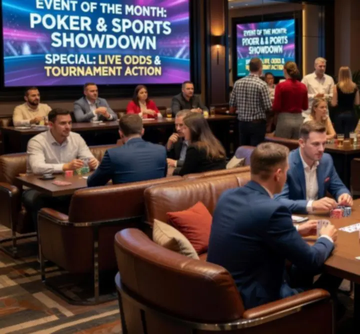 Wyróżnione wydarzenie miesiąca w Zynko Hub z pełnymi stolikami i ekranami sportowymi