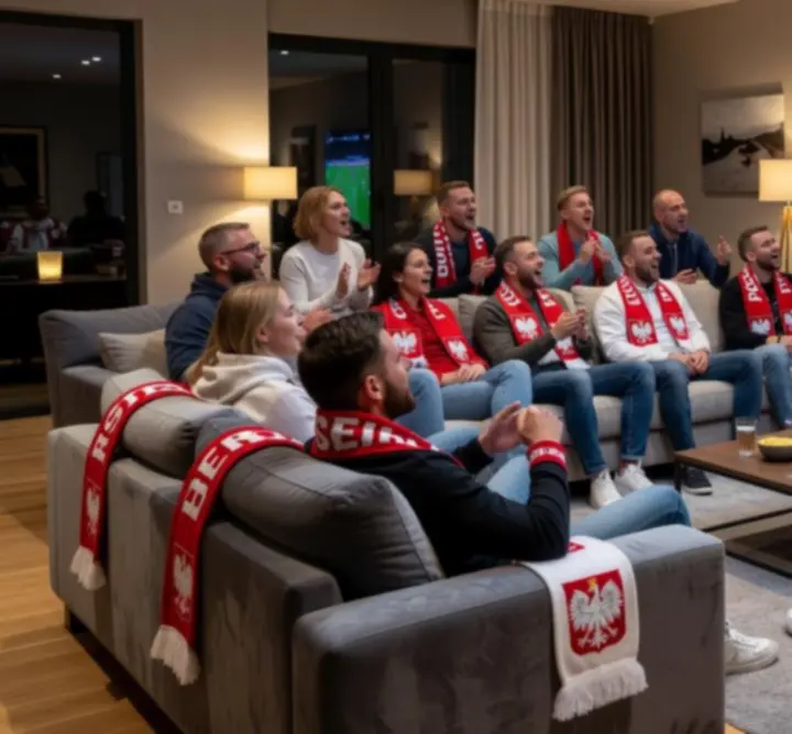 Strefa kibica w Zynko Hub z kibicami oglądającymi mecz na dużym ekranie