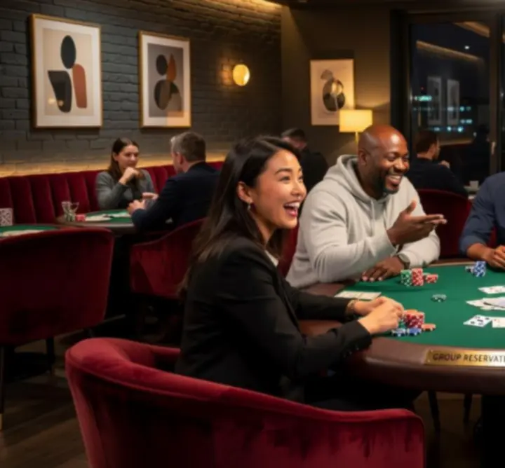 Grupa znajomych przy jednym stole pokerowym w Zynko Hub