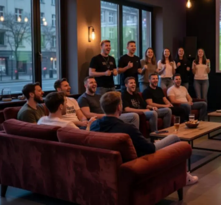 Nowoczesna sala Zynko Hub z dużymi ekranami do oglądania transmisji sportowych