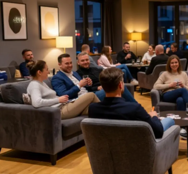 Wygodna, nowoczesna strefa lounge Zynko Hub z kanapami i nastrojowym oświetleniem.