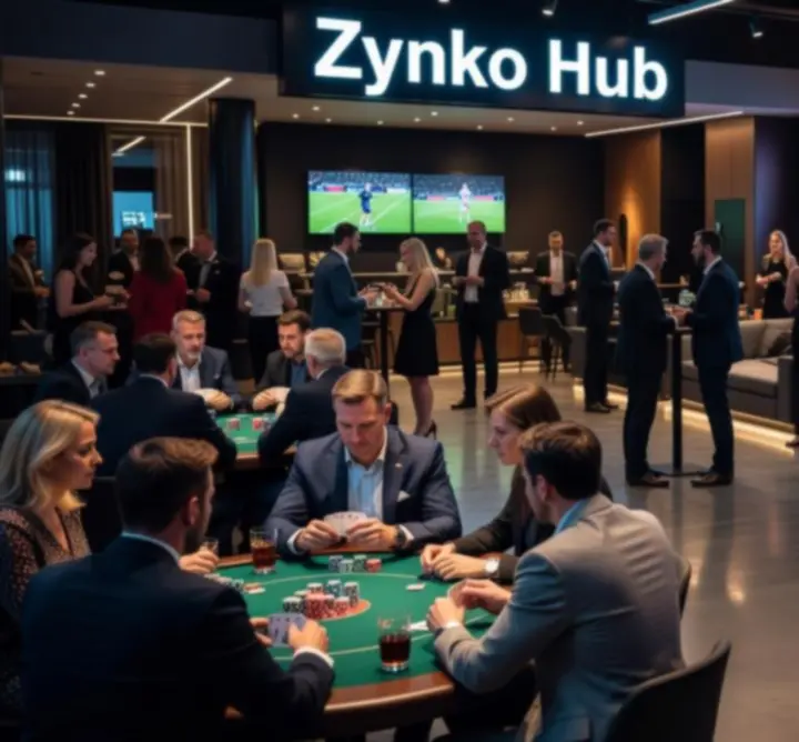 Panoramiczne ujęcie strefy lounge Zynko Hub z wygodnymi miejscami do siedzenia i ekranami do transmisji sportowych.