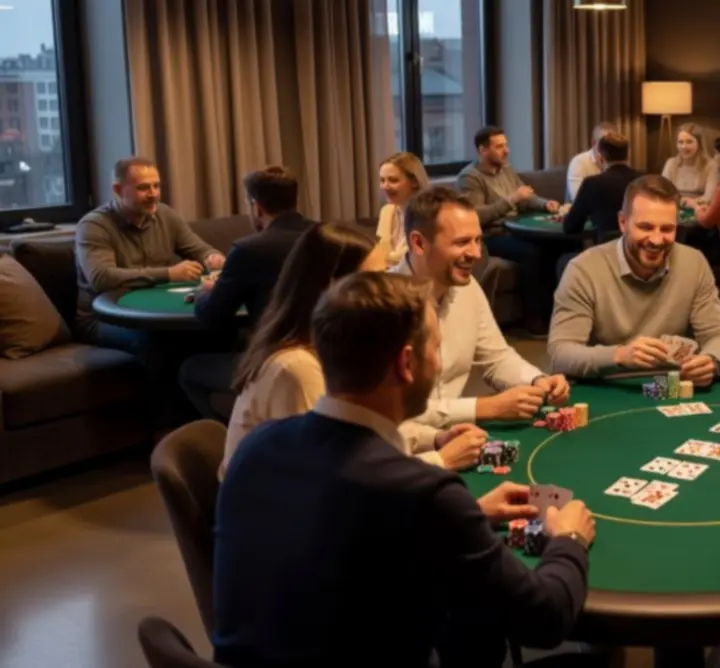 Ujęcia z turniejów i sesji pokerowych w Zynko Hub, pokazujące graczy przy stołach