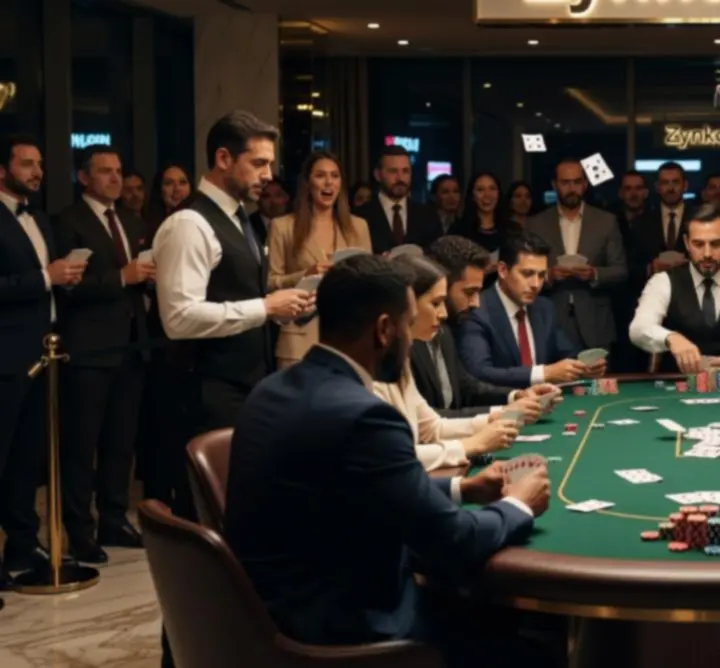 Gracze przy stoliku pokerowym podczas turnieju w Zynko Hub