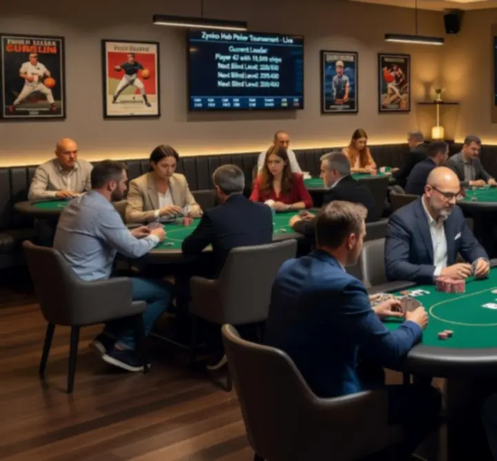 Stoliki pokerowe w lounge Zynko Hub przygotowane na turniej