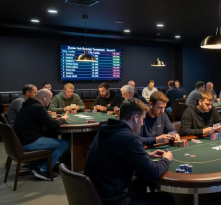Stół turniejowy pokerowy podczas nocnego wydarzenia w Zynko Hub