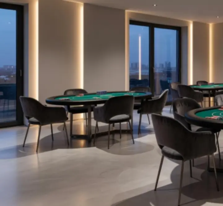 Nowoczesna sala pokerowa w Zynko Hub z profesjonalnymi stołami i nastrojowym oświetleniem