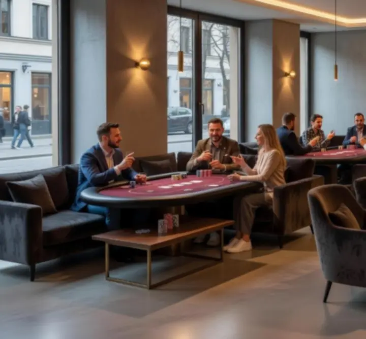 Nowoczesne lounge’owe wnętrze Zynko Hub z pokerowymi stołami i strefą oglądania sportu