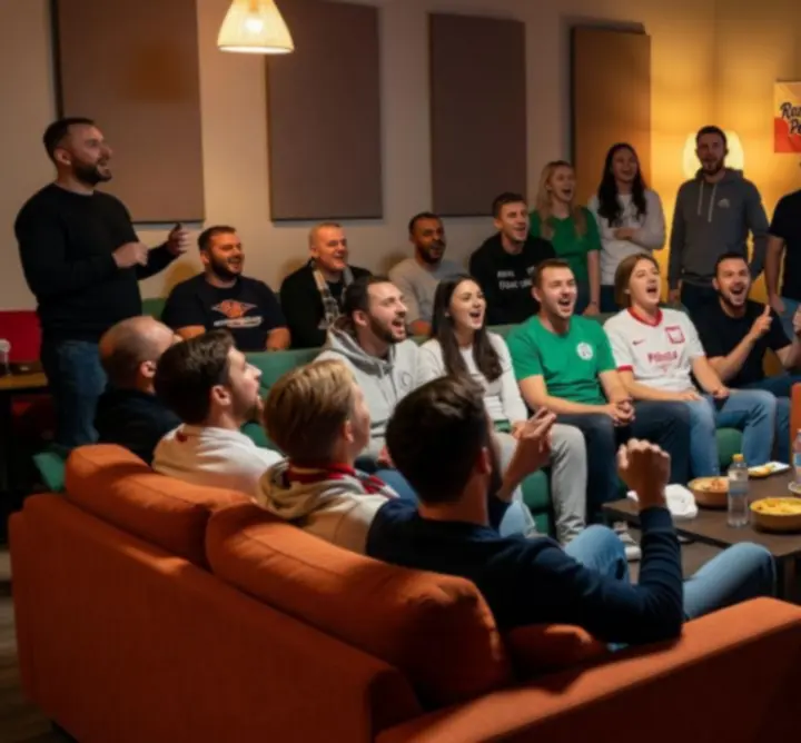 Duży ekran w Zynko Hub z transmisją wydarzenia sportowego i strefą kibica